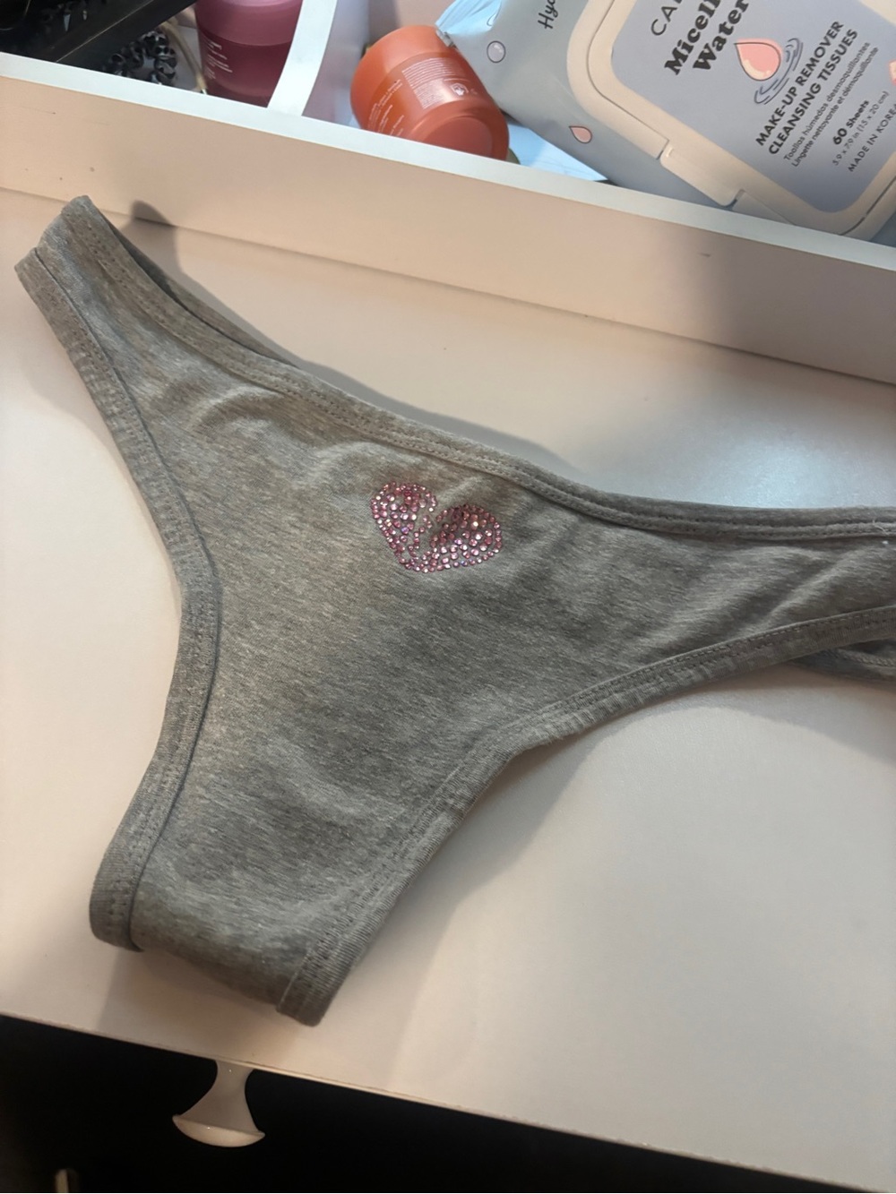 Victoria's Secret Gray Cotton Thong with Pink Rhinestone Heart